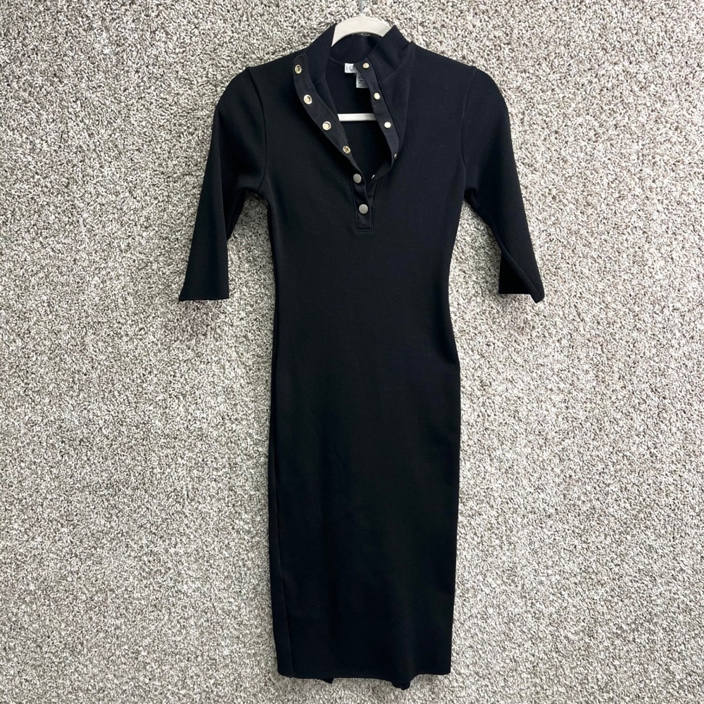 Marste Dress Women's 4-6 Berlin Black Snap Mock Neck 3/4 Sleeve Rib Midi Bodycon